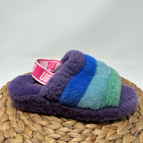 Ugg Womens Yeah Slides Purple Green Fluff Slingback Sandals Slippers Size 7 - Picture 1 of 8